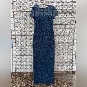 Adriana Papell Navy Blue Bead Sequin Long Formal Short Sleeve Glam Gown Size 8